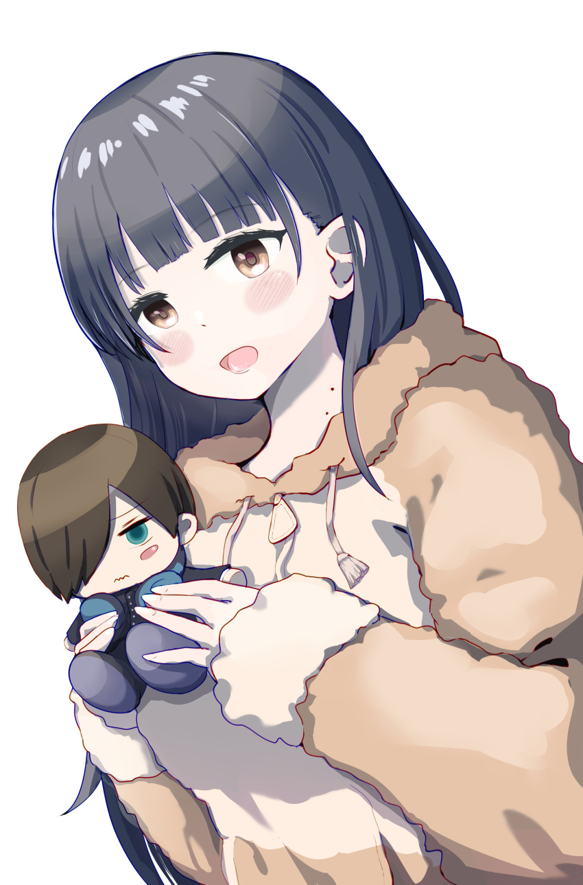 1girl absurdres black_hair boku_no_kokoro_no_yabai_yatsu brown_eyes brown_hoodie character_doll doll highres holding holding_doll hood hoodie ichikawa_kyoutarou long_hair mole mole_on_neck multiple_moles open_mouth simple_background solo white_background yamada_anna youyu_(puch40435)