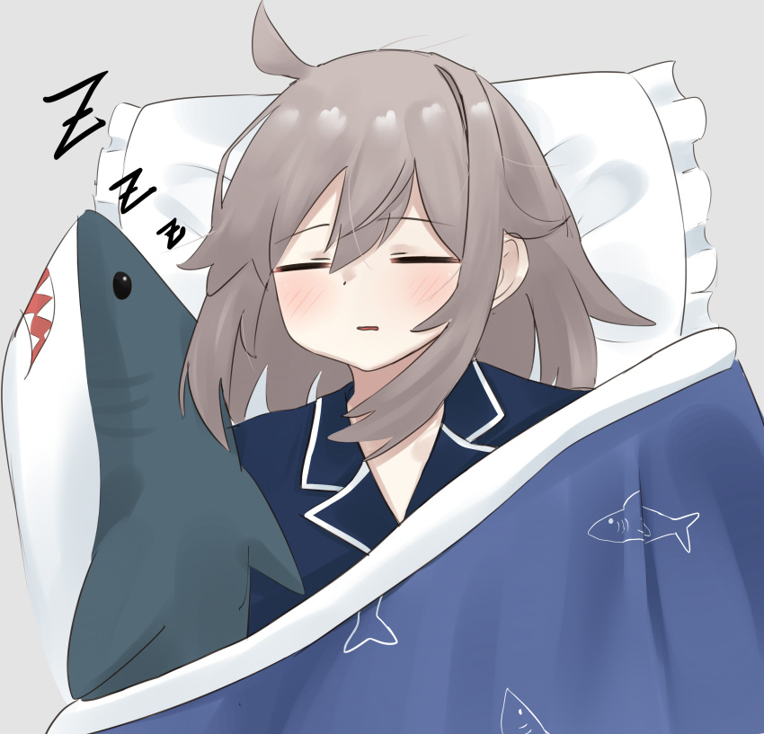 absurdres blanket english_text girls'_frontline highres ikea_shark m200_(girls'_frontline) pajamas pepsi2330 pillow shark simple_background sleeping stuffed_animal stuffed_shark stuffed_toy under_covers zzz