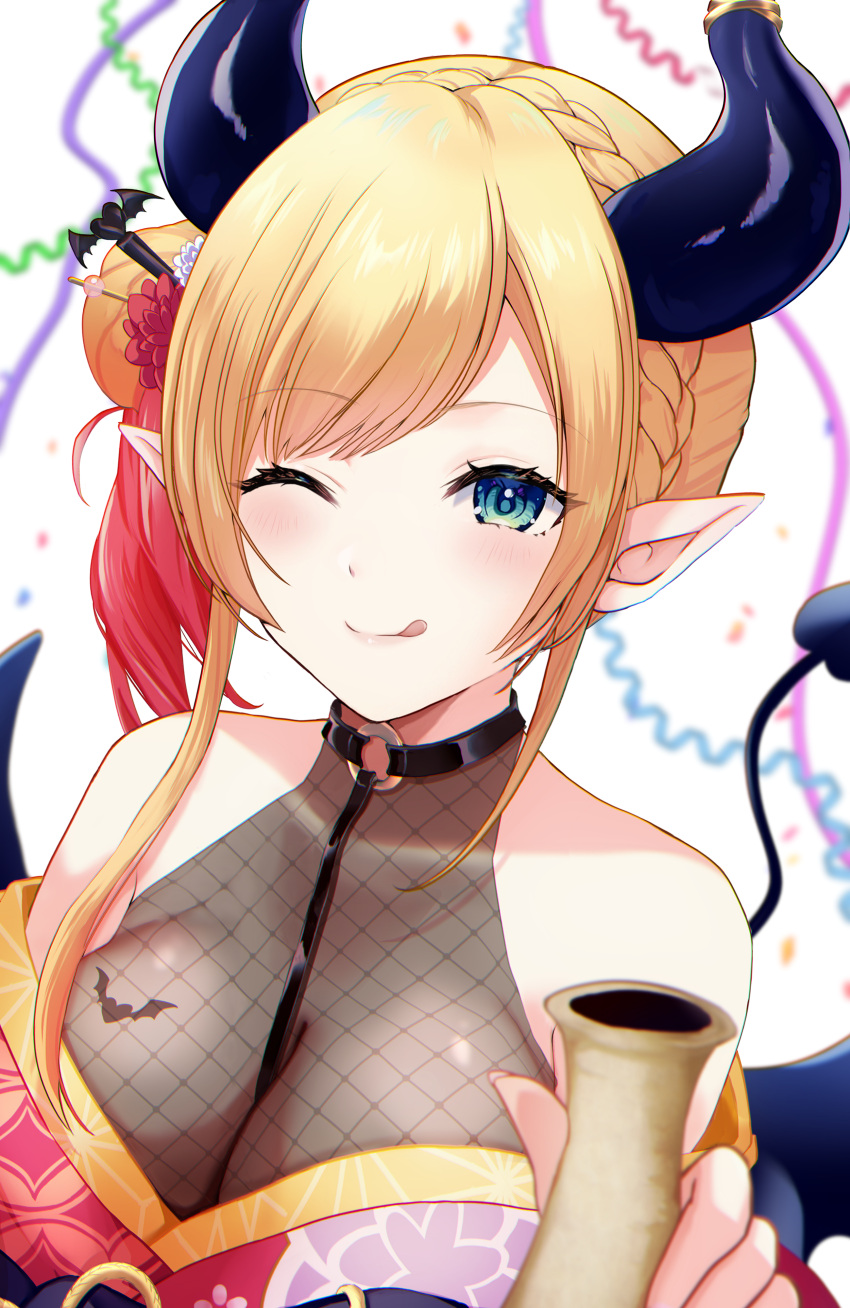 1girl :q absurdres aqua_eyes bare_shoulders between_breasts black_horns blonde_hair braid breast_tattoo breasts choker cleavage crown_braid demon_girl demon_horns demon_tail demon_wings fishnets flower gradient_hair hair_bun hair_flower hair_ornament hairpin highres hololive horn_ornament horn_ring horns japanese_clothes kanzashi kimono kudoukudokudo large_breasts licking_lips light_blush looking_at_viewer multicolored_hair o-ring o-ring_choker off_shoulder official_alternate_costume official_alternate_hairstyle pink_hair pointy_ears red_kimono see-through_cleavage single_side_bun solo strap_between_breasts tail tattoo tokkuri tongue tongue_out virtual_youtuber winged_heart wings yuzuki_choco