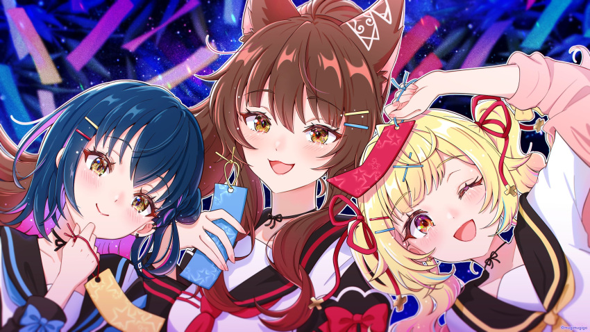 3girls ;d ahoge animal_ears black_sailor_collar blonde_hair blue_hair brown_eyes brown_hair colored_inner_hair fox_ears fumi_(nijisanji) hair_ornament highres hoshikawa_sara long_hair medium_hair mugimugigo multicolored_hair multiple_girls neckerchief necktie nijisanji one_eye_closed orange_eyes orihimeboshi_(nijisanji) pink_hair ponytail red_necktie sailor_collar school_uniform serafuku smile twintails virtual_youtuber x_hair_ornament yamagami_karuta yellow_eyes yellow_neckerchief