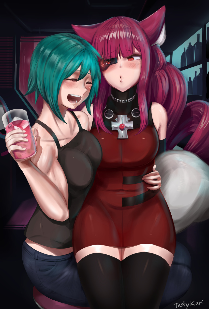 2girls absurdres animal_ears aqua_hair artificial_eye artist_name bar_(place) bare_shoulders black_gloves black_thighhighs blunt_bangs blush breasts cowboy_shot cross cup dress drill_hair elbow_gloves gloves hand_on_another's_hip highres holding holding_cup hug indoors kuri_(tastykuri) looking_at_another mechanical_eye multiple_girls muscular red_dress red_eyes red_hair sei_asagiri sitting stella_hoshii thighhighs va-11_hall-a yuri