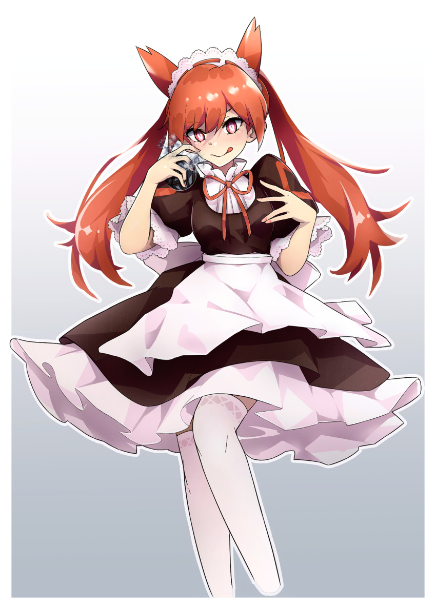 1girl :q apron blush corruption dark_ball_(pokemon_m04) dark_persona highres holding holding_poke_ball latias lone_exiler maid maid_apron maid_headdress personification poke_ball pokemon pokemon_adventures red_hair thighhighs tongue tongue_out twintails