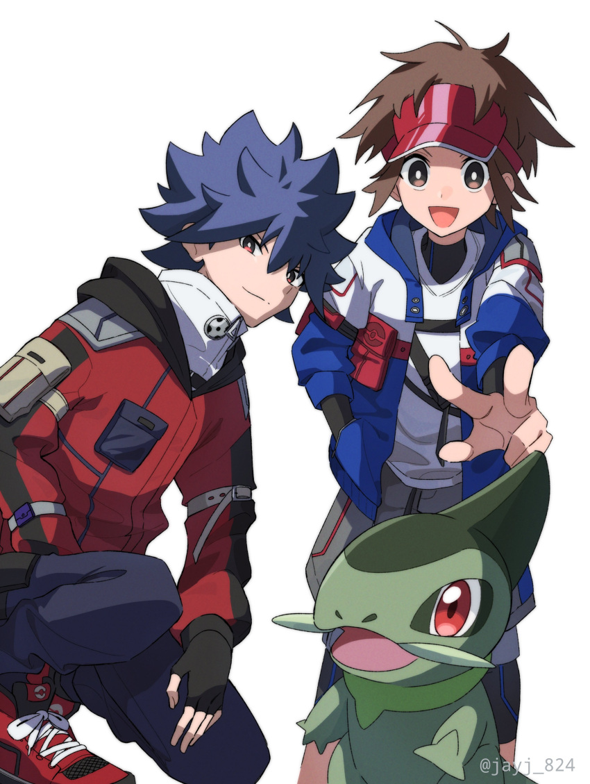 2boys :d absurdres alternate_costume axew black_hair bright_pupils brown_eyes brown_hair closed_mouth highres hugh_(pokemon) jacket jayj_824 looking_at_viewer male_focus multiple_boys nate_(pokemon) open_mouth pants pokemon pokemon_(creature) pokemon_(game) pokemon_bw2 red_footwear red_headwear shoes short_hair simple_background smile sneakers spiked_hair split_mouth visor_cap w white_background white_pupils zipper_pull_tab