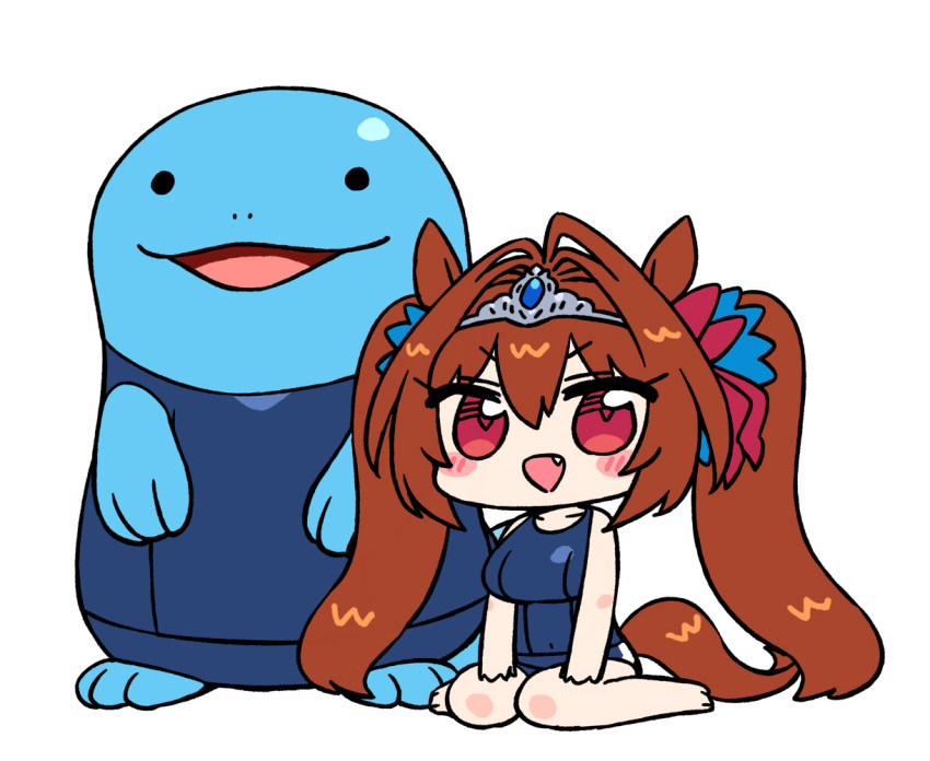 1girl animal_ears barefoot blush breasts brown_hair chan_co chibi clothed_pokemon crossover daiwa_scarlet_(umamusume) fang hair_intakes horse_ears horse_girl horse_tail large_breasts long_hair looking_at_viewer one-piece_swimsuit open_mouth pokemon pokemon_(creature) quagsire red_eyes sitting swimsuit tail tiara twintails umamusume very_long_hair white_background