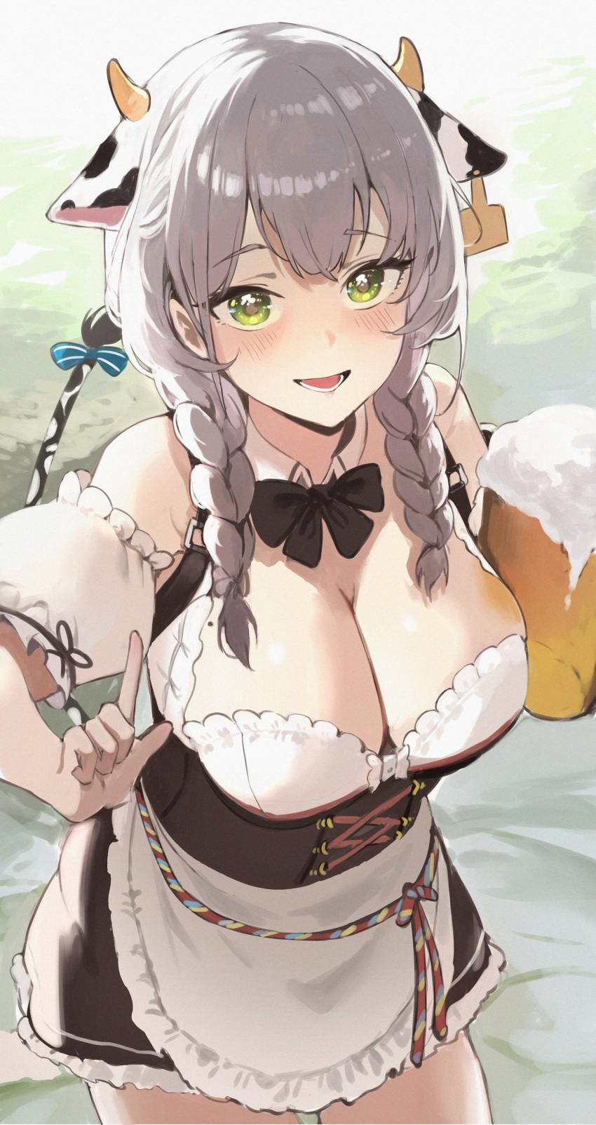1girl absurdres alcohol animal_ears apron bare_shoulders beer beer_mug black_bow black_bowtie blue_bow bow bowtie braid breasts cleavage collar corset cow_ears cow_horns cow_tail cowboy_shot cup detached_collar detached_sleeves dirndl dress ear_piercing frilled_apron frilled_dress frilled_sleeves frills german_clothes green_eyes grey_hair hair_between_eyes highres holding holding_cup hololive horns index_finger_raised large_breasts light_blush long_hair looking_at_viewer lower_teeth_only mamo_(user_jjca7524) mug open_mouth piercing puffy_sleeves shirogane_noel short_dress short_sleeves small_horns smile solo tail tail_bow tail_ornament tail_raised teeth twin_braids virtual_youtuber white_apron white_collar
