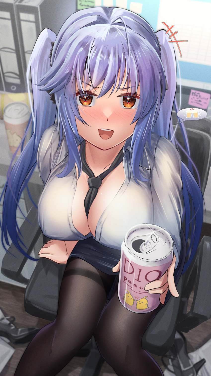 1girl absurdres alcohol azur_lane beer beer_can black_pantyhose black_skirt breasts can cup essex_(azur_lane) essex_(crossbones_especial)_(azur_lane) hair_ornament highres holding holding_cup large_breasts long_hair looking_at_viewer miniskirt necktie orange_eyes origami45554722 pantyhose purple_eyes skirt twintails