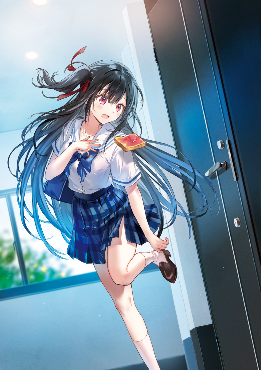 1girl absurdres bag blue_neckerchief blue_skirt cover cover_page door food hair_ribbon hanekoto highres indoors late_for_school loafers long_hair natsunagi_nagisa neckerchief novel_cover novel_illustration official_art open_mouth plaid plaid_skirt pleated_skirt putting_on_shoes red_eyes red_ribbon ribbon sailor_collar sailor_shirt school_bag school_uniform second-party_source serafuku shirt shoes single_sidelock skirt socks solo tantei_wa_mou_shindeiru toast very_long_hair white_sailor_collar white_shirt white_socks window