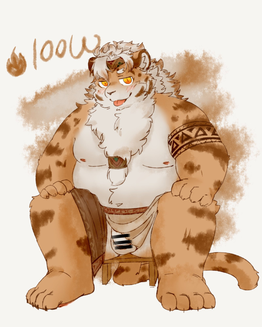 accessory anthro balls beard belly blep blush bottomwear clothing facial_hair fanqiuhu felid flaccid fur furrybar genitals headband hi_res loincloth male mammal moobs nipples overweight pantherine penis smile solo striped_body striped_fur stripes taykan tiger tongue tongue_out tribal_clothing yellow_eyes