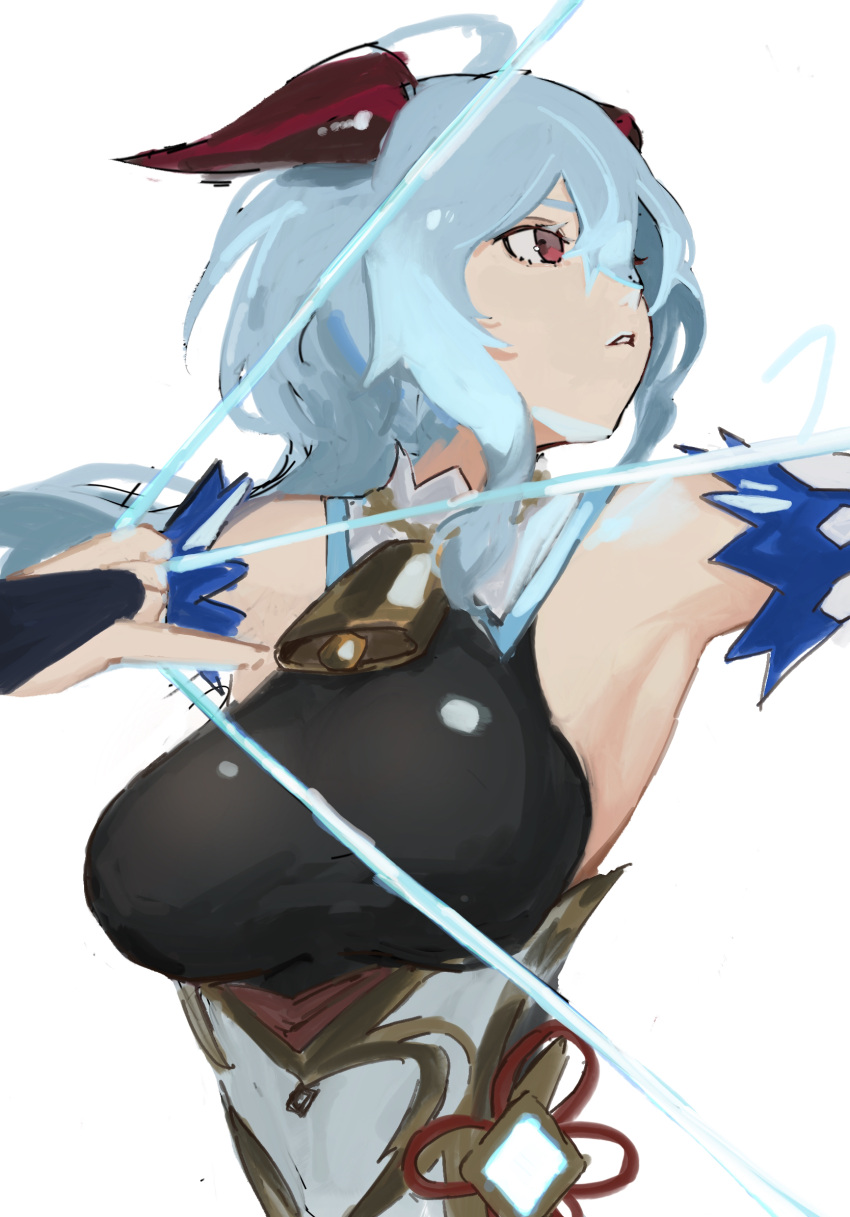 1girl ahoge amos'_bow_(genshin_impact) armpits bell black_gloves blue_hair bodystocking bow_(weapon) breasts commentary cowbell dated_commentary drawing_bow fingerless_gloves ganyu_(genshin_impact) genshin_impact gloves highres holding holding_bow_(weapon) holding_weapon horns large_breasts long_hair neck_bell potatomochii red_eyes sidelocks simple_background solo upper_body weapon white_background