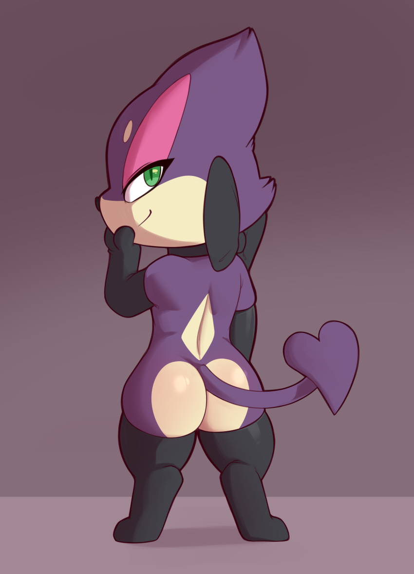 absurd_res anthro armwear bliss_(rymherdier) bow_ribbon butt clothed clothing elbow_gloves fan_character female generation_5_pokemon gloves handwear hi_res legwear looking_at_viewer nintendo partially_clothed pokemon pokemon_(species) porldraws purrloin simple_background solo thigh_highs