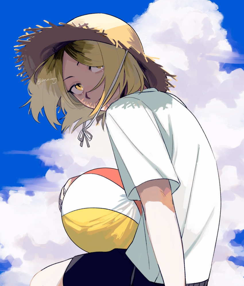 1boy bishounen blonde_hair blue_sky character_request cloud cowboy_shot haikyuu!! hat highres looking_at_viewer male_focus mikuwwwm shirt sky solo sun_hat volleyball white_shirt yellow_eyes