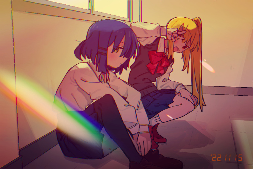 2girls black_pantyhose black_ribbon black_skirt blonde_hair blue_hair blue_skirt bocchi_the_rock! bow brown_eyes brown_footwear closed_mouth collared_shirt commentary_request dot_mouth eezee56 evening foot_out_of_frame full_body hand_on_own_knee hand_up ijichi_nijika indoors lens_flare loafers long_sleeves looking_at_viewer multiple_girls neck_ribbon open_mouth pantyhose partial_commentary pleated_skirt profile red_bow red_footwear ribbon school_uniform shimokitazawa_high_school_uniform shirt shirt_tucked_in shoes short_hair side_ponytail sidelocks sitting skirt smile sneakers socks squatting timestamp v_over_eye white_shirt white_socks window yamada_ryou yellow_eyes