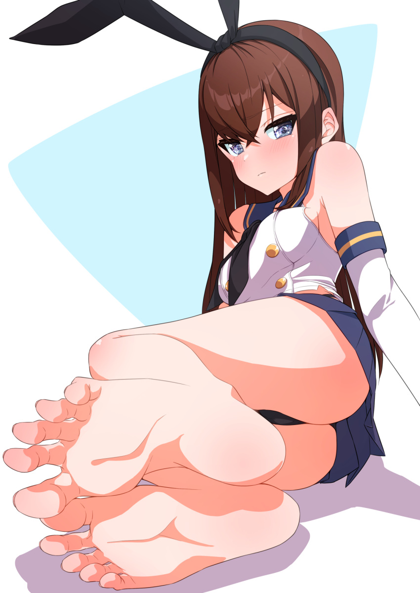 1girl ass bare_legs barefoot black_hairband black_neckerchief black_panties blue_eyes blue_sailor_collar blue_skirt blush breasts brown_hair buttons cameltoe closed_mouth commission cosplay crossed_bangs double-breasted elbow_gloves feet foot_focus foreshortening full_body gloves godai_01 hairband highleg highleg_panties highres kantai_collection legs legs_together long_hair looking_at_viewer lying makise_kurisu medium_breasts miniskirt neckerchief on_side panties pixiv_commission pleated_skirt sailor_collar shadow shimakaze_(kancolle) shimakaze_(kancolle)_(cosplay) skirt sleeveless soles solo spread_toes steins;gate thighs toenails toes underwear white_gloves