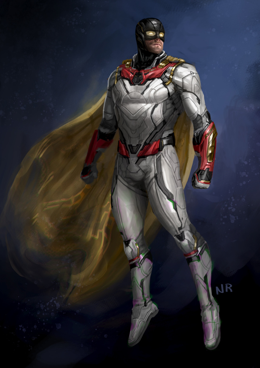 1boy absurdres armor black_mask bodysuit cape clenched_hand dirty dirty_face donsrice facial_hair full_body gold_trim highres initial male_focus solo space space_ghost space_ghost_(series) stubble yellow_cape