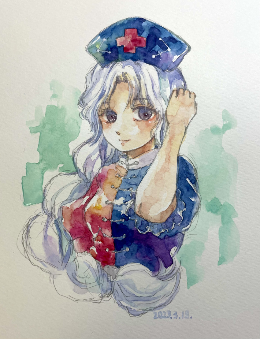 1girl absurdres arm_above_head blue_headwear copyright_request dated frilled_sleeves frills hat highres looking_at_viewer one-hour_drawing_challenge painting_(medium) shiroma_(mamiko) touhou traditional_media watercolor_(medium) white_background yagokoro_eirin