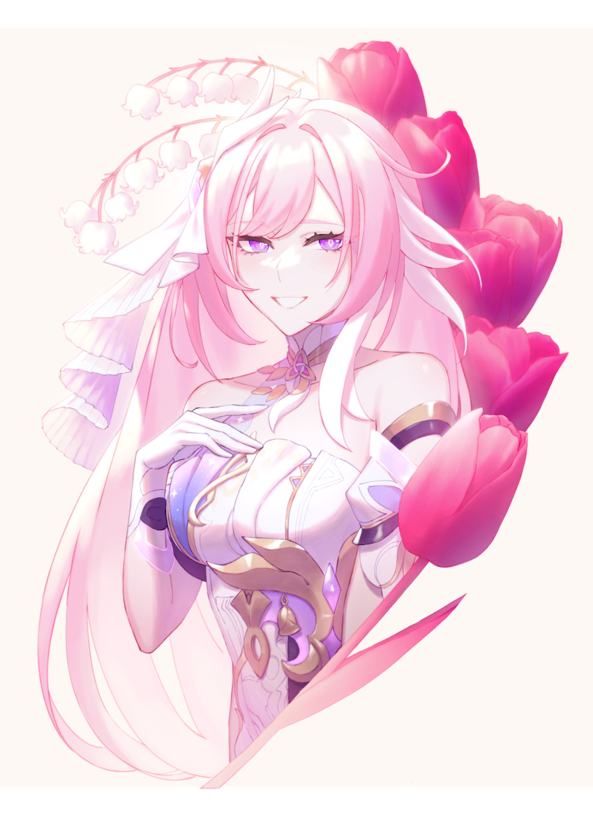 1girl 9cha bare_shoulders breasts brown_background collarbone commentary_request cropped_torso dress elysia_(honkai_impact) flower gloves hand_up highres honkai_(series) honkai_impact_3rd lily_of_the_valley long_hair looking_at_viewer medium_breasts pink_hair purple_eyes purple_flower simple_background smile solo strapless strapless_dress upper_body very_long_hair white_dress white_flower white_gloves
