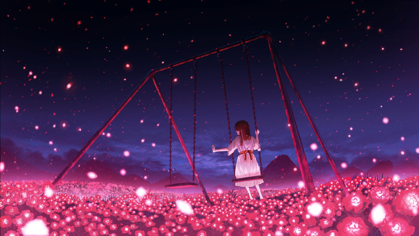 1girl absurdres brown_hair dress field flower flower_field glowing_flower highres long_hair original outdoors scenery shuu_illust sitting sky solo swing swing_set white_dress