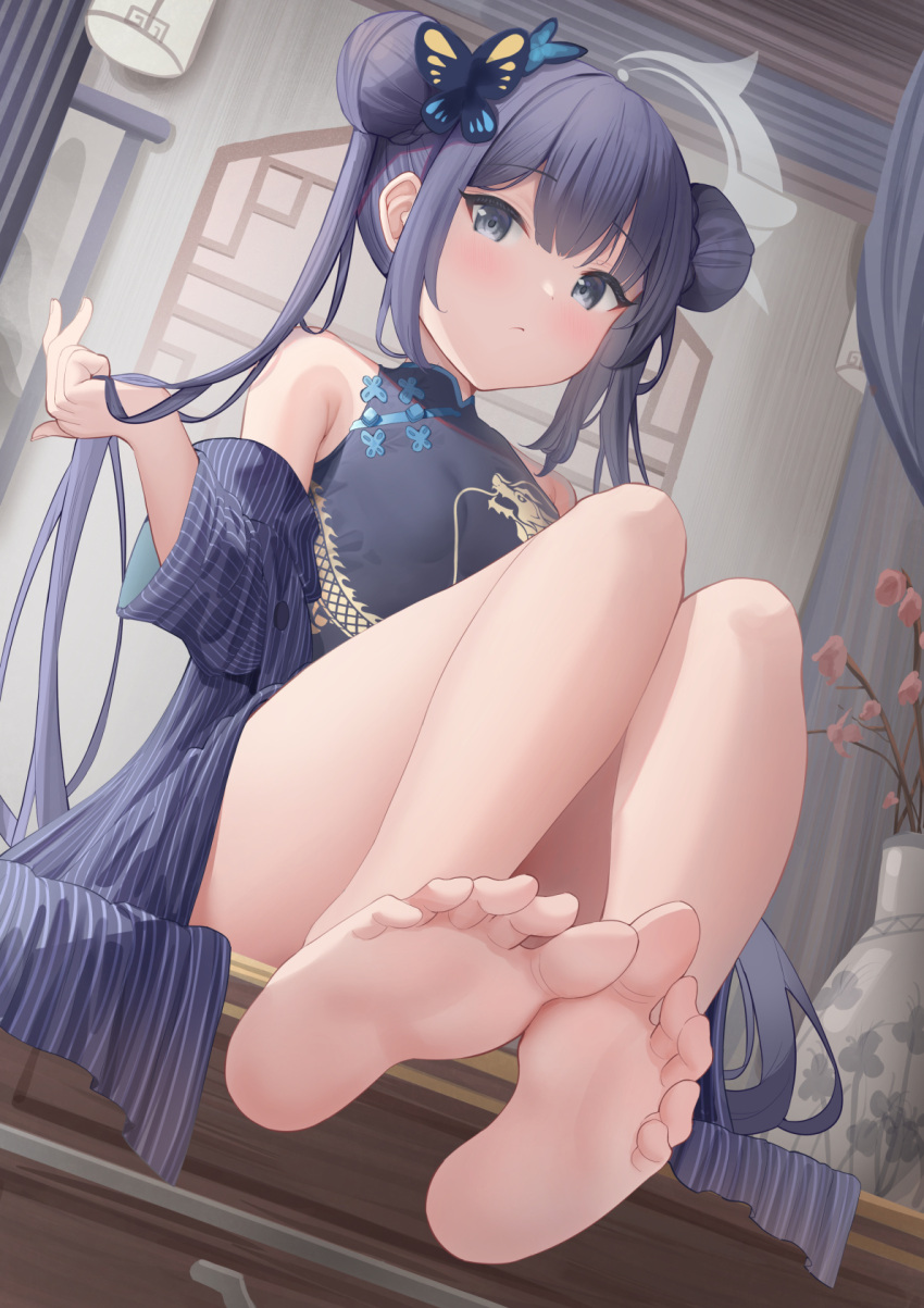 1girl armpit_crease arms_up bachibachi_(tisen) bare_shoulders barefoot black_dress blue_archive blue_hair braid braided_bun breasts butterfly_hair_ornament china_dress chinese_clothes closed_mouth commentary desk double_bun dragon_print dress eyebrows_hidden_by_hair feet flower grey_eyes hair_bun hair_ornament halo highres indoors jacket kisaki_(blue_archive) knees_up legs long_hair on_desk pinstripe_jacket pinstripe_pattern playing_with_hair plum_blossoms print_dress sidelocks sitting sitting_on_desk sleeveless sleeveless_dress small_breasts soles solo striped striped_coat striped_jacket toes vase vertical-striped_coat vertical-striped_jacket vertical_stripes very_long_hair