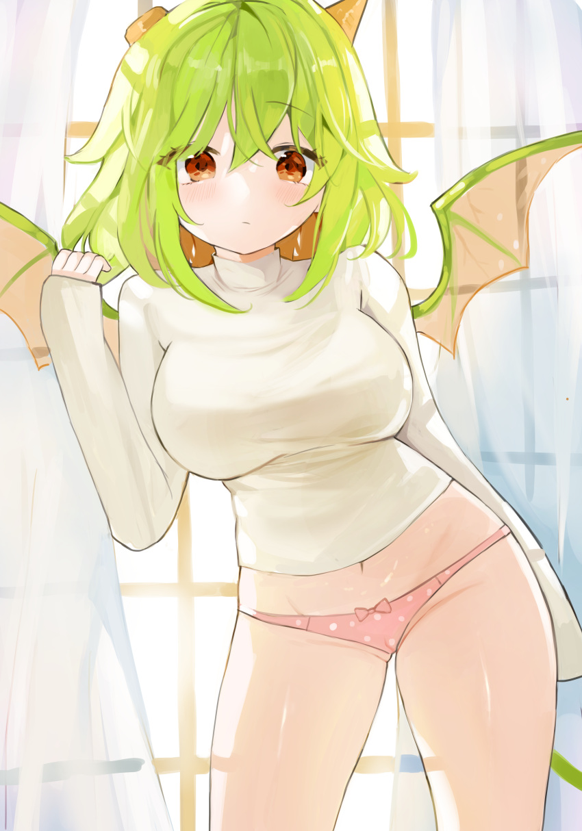 1girl absurdres bow bow_panties breasts closed_mouth commentary_request commission contrapposto curtains dragon_girl dragon_wings green_hair haiiro_teien highres horns indoors korean_commentary large_breasts long_hair long_sleeves looking_at_viewer medium_hair navel no_eyewear no_pants orange_eyes panties pink_panties shirt sleeves_past_wrists solo soradally standing sweater turtleneck turtleneck_sweater underwear white_shirt window wings yosafire_(haiiro_teien)