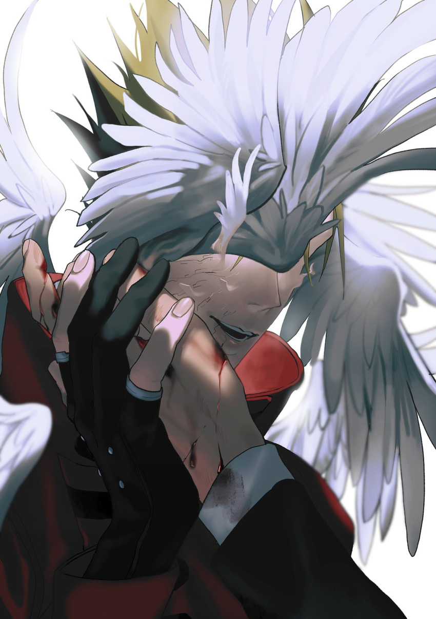 2boys black_gloves black_hair blonde_hair blood blood_on_hands feathered_wings fingerless_gloves gloves hand_up highres jacket long_sleeves male_focus mix_(wkupmix) multiple_boys multiple_wings nicholas_d._wolfwood open_mouth out_of_frame red_jacket short_hair smile trigun vash_the_stampede white_background wings