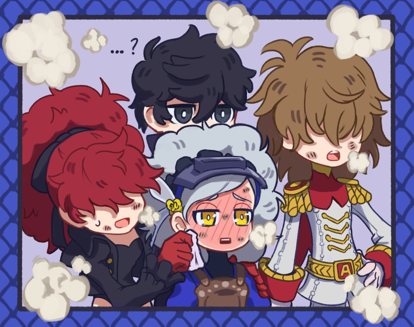 2boys 2girls absurdres afro amamiya_ren andrich_galam blush bright_pupils chibi covered_eyes curly_hair embarrassed epaulettes explosion_gag hair_over_eyes highres lavenza_(persona_5) long_bangs long_hair long_sleeves multiple_boys multiple_girls open_mouth persona persona_5 persona_5_the_royal ponytail red_hair shaded_face uniform white_pupils yoshizawa_kasumi