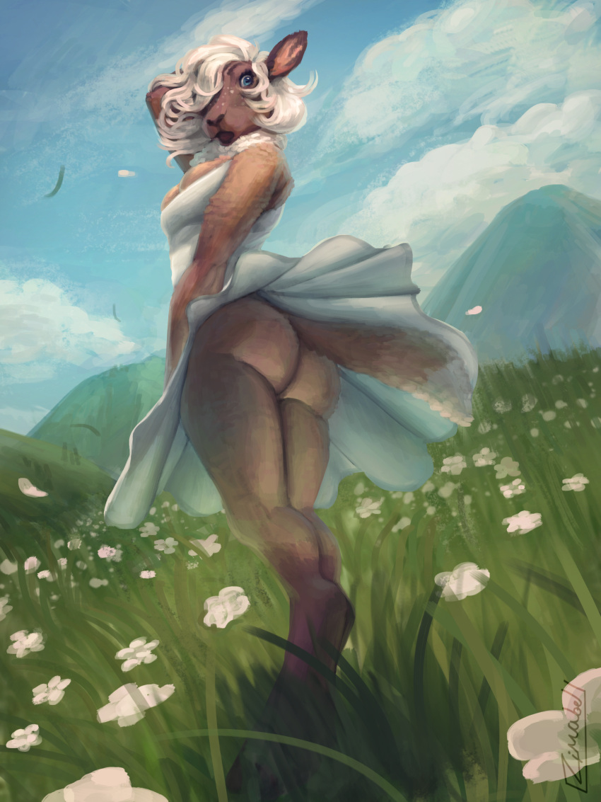 absurd_res anthro blue_eyes blue_sky bottomwear bovid breasts brown_body caprine cleavage cleavage_overflow clothed clothing cloud dress female field flower flower_field freckles fur grass grassy_field hair hand_in_hair hi_res hill hooves looking_back mammal mountain open_mouth petals plant raised_bottomwear raised_clothing raised_skirt sheep short_hair skirt sky solo sundress surprised_expression touching_hair upskirt white_clothing white_dress white_freckles white_hair wind wool_(fur) zimabel