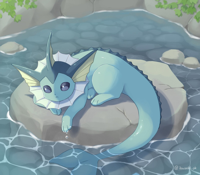 animal_focus artist_name blue_eyes blue_skin colored_skin commentary_request fins forked_tail head_fins highres ibusaki_(ivu) no_humans pokemon pokemon_(creature) rock sitting solo tail vaporeon water