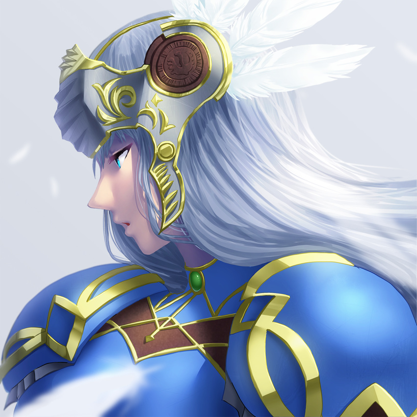 1girl armor blue_armor blue_eyes breasts feathers helmet highres lenneth_valkyrie long_hair open_mouth raijin_(shinobidx) shoulder_armor simple_background solo valkyrie valkyrie_profile_(series) very_long_hair winged_helmet