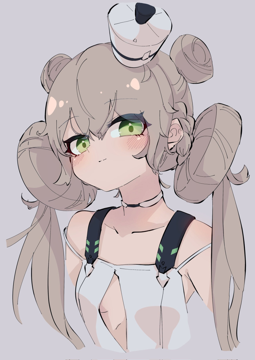 1girl bare_shoulders blush breasts c_civciv choker cleavage cleavage_cutout clothing_cutout collarbone double_bun dress eucharist_(girls'_frontline_nc) girls'_frontline girls'_frontline_neural_cloud green_eyes grey_background hair_bun hat highres light_brown_hair long_hair looking_at_viewer mini_hat simple_background small_breasts smile solo twintails upper_body white_dress