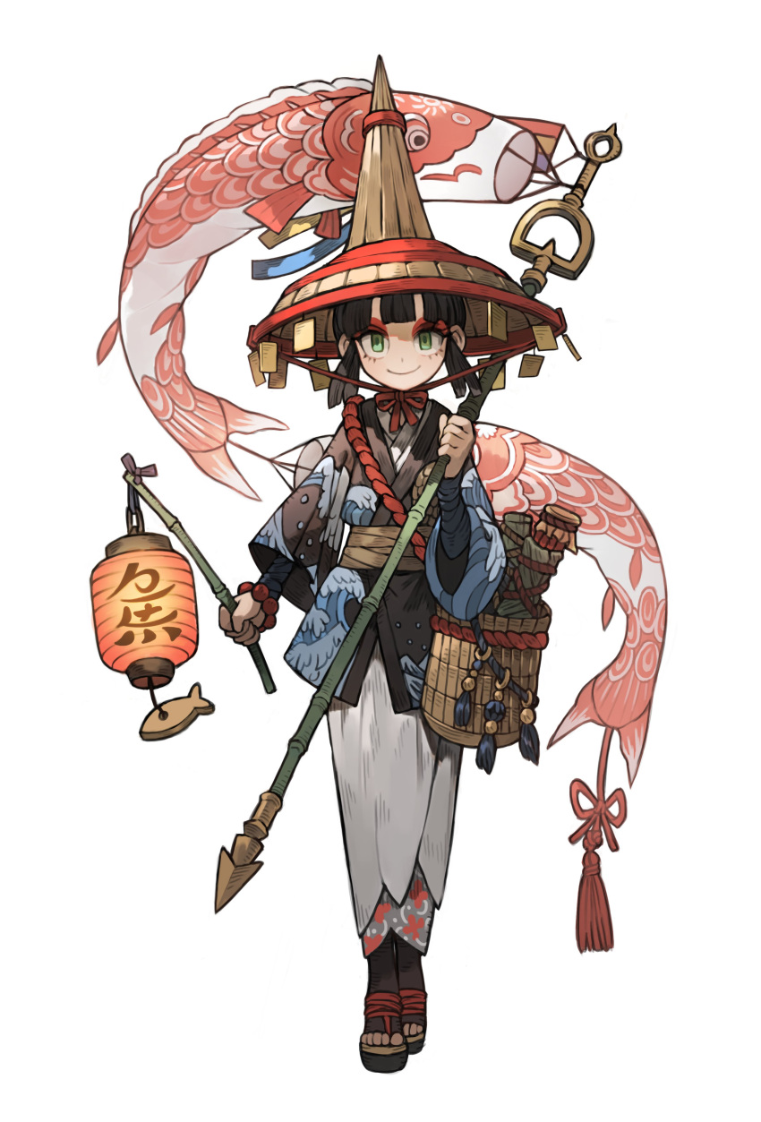 1girl absurdres basket bead_bracelet beads black_hair black_socks bracelet brown_headwear closed_mouth full_body green_eyes hand_up headwear_request highres holding holding_lantern japanese_clothes jewelry kimono koinobori lantern looking_at_viewer medium_hair napal_(ve_xillum) original paper_lantern red_eyeliner simple_background smile socks solo standing toeless_legwear white_background white_kimono windsock