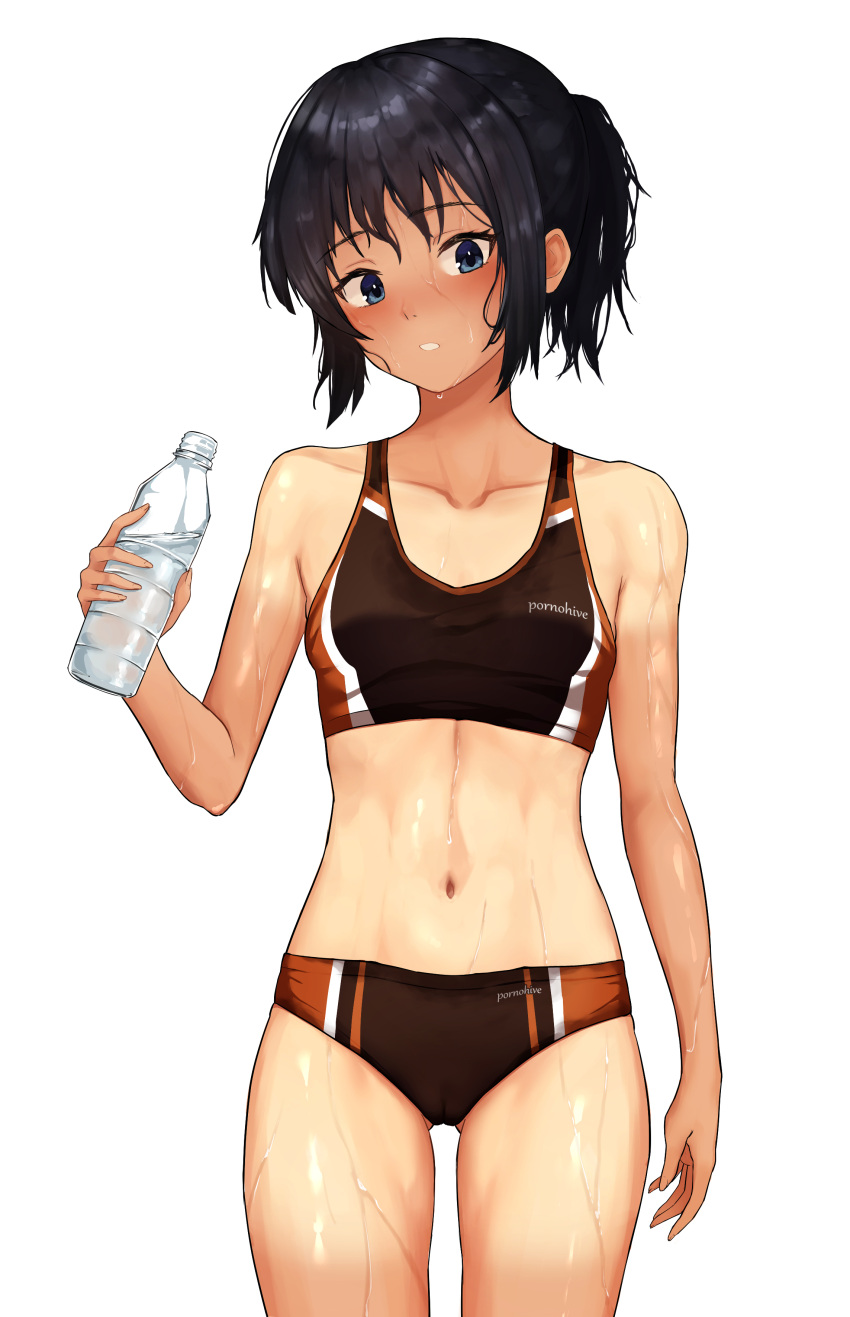 1girl absurdres ass_visible_through_thighs bare_shoulders black_buruma black_hair black_sports_bra blue_eyes blush bottle breasts buruma collarbone commentary cowboy_shot drink hair_up head_tilt highres holding holding_bottle holding_drink holding_water itsuki_nofuji long_hair looking_at_viewer midriff multicolored_buruma multicolored_sports_bra navel nose_blush orange_buruma orange_sports_bra original parted_lips ponytail shiny_skin shirt_tan shorts_tan sidelocks simple_background small_breasts solo sports_bikini sports_bra standing sweat tan tanlines thigh_gap thighs track_and_field very_sweaty water_bottle wet wet_hair white_background white_buruma white_sports_bra