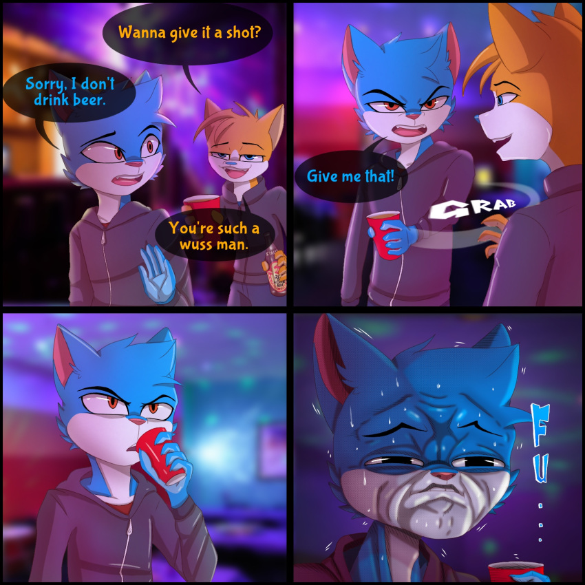 4_panel_comic anthro bedroom_eyes blue_body blue_fur blurred_background bottomwear cheek_tuft clothing denim denim_bottomwear denim_clothing dialogue domestic_cat drinking duo english_text facial_tuft fangs felid feline felis fur half-closed_eyes hi_res hoodie humor jay-r jay-r_(character) jeans leo_(jay-r) male mammal multicolored_body multicolored_fur narrowed_eyes open_mouth open_smile orange_body orange_fur pants seductive simple_background smile solo_cup sound_effects speech_bubble teeth text topwear tuft two_tone_body two_tone_fur white_body white_fur