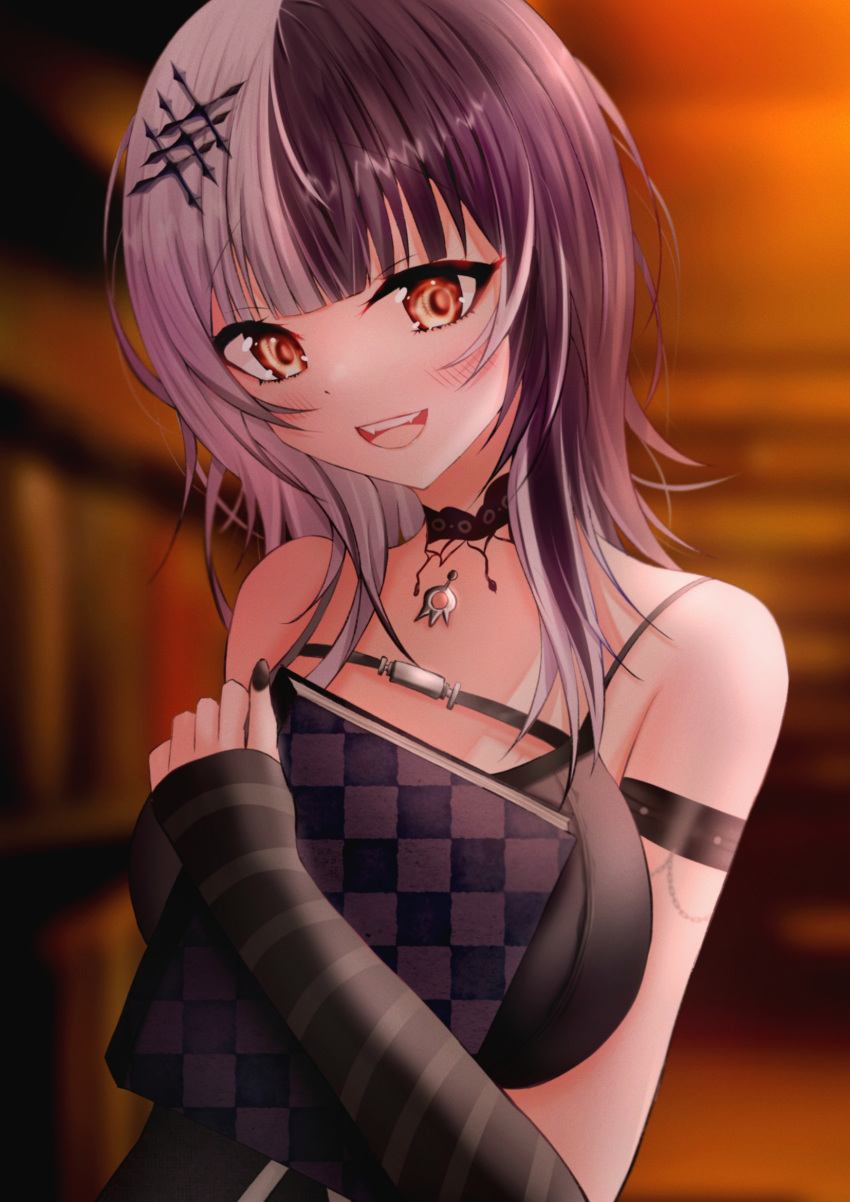 1girl black_choker black_dress black_gloves black_hair black_nails blush book breasts chest_belt choker dress elbow_gloves gloves grey_hair highres holding holding_book hololive hololive_english kai-yo lace-trimmed_choker lace_trim large_breasts long_hair looking_at_viewer multicolored_hair nail_polish open_mouth shiori_novella sleeveless sleeveless_dress smile split-color_hair striped striped_gloves virtual_youtuber yellow_eyes