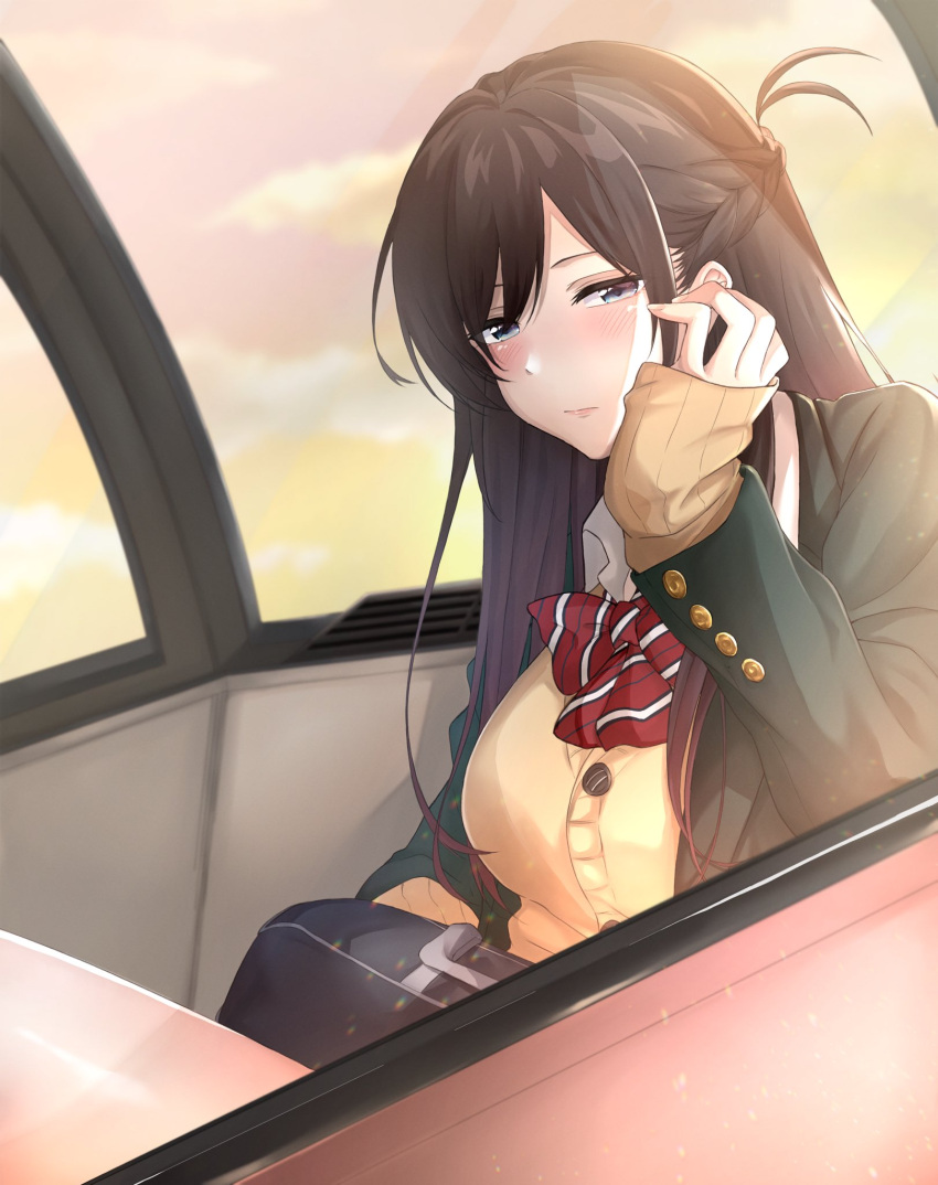 1girl bag black_hair black_jacket blazer braid closed_mouth crown_braid grey_eyes head_rest highres jacket kanojo_okarishimasu light_(lightpicture33) long_hair long_sleeves mizuhara_chizuru neck_ribbon one_side_up red_ribbon ribbon school_bag school_uniform solo sweater_vest upper_body yellow_sweater_vest