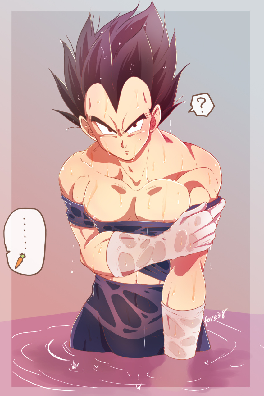 1boy ? artist_name bara black_hair blue_bodysuit bodysuit closed_mouth clothes_pull dragon_ball dragon_ball_z fuoore_(fore0042) gloves highres large_pectorals male_focus muscular muscular_male nipples partially_submerged pectorals short_hair solo spiked_hair vegeta water wet wet_clothes wet_hair white_gloves