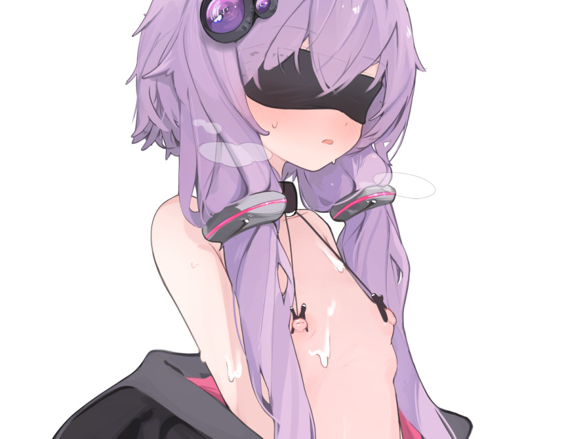 1girl black_blindfold black_collar black_jacket blindfold breath collar collarbone commentary_request cum cum_on_body cum_on_chest flat_chest hair_ornament jacket jacket_partially_removed low_twintails mikozin nipple_clamps nipples parted_lips purple_hair simple_background solo sweat twintails upper_body voiceroid white_background yuzuki_yukari