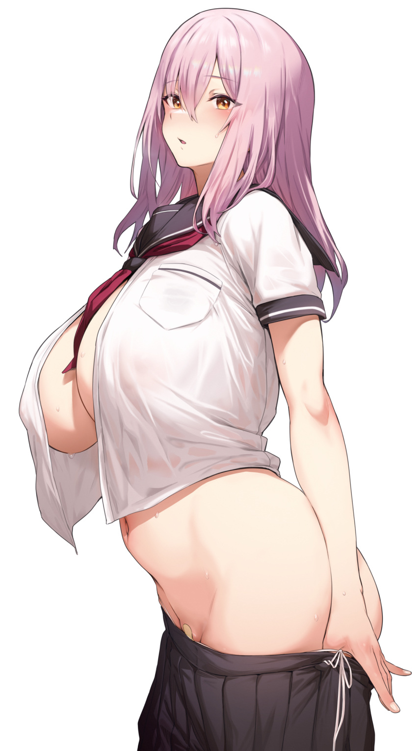 1girl absurdres bandaid bandaid_on_pussy blush breasts clothes_pull highres huge_breasts kurowa long_hair looking_at_viewer navel neckerchief open_clothes open_shirt original panties parted_lips pink_hair pleated_skirt red_neckerchief sailor_collar school_uniform serafuku shirt side-tie_panties skirt skirt_pull solo sweat underwear white_background yellow_eyes