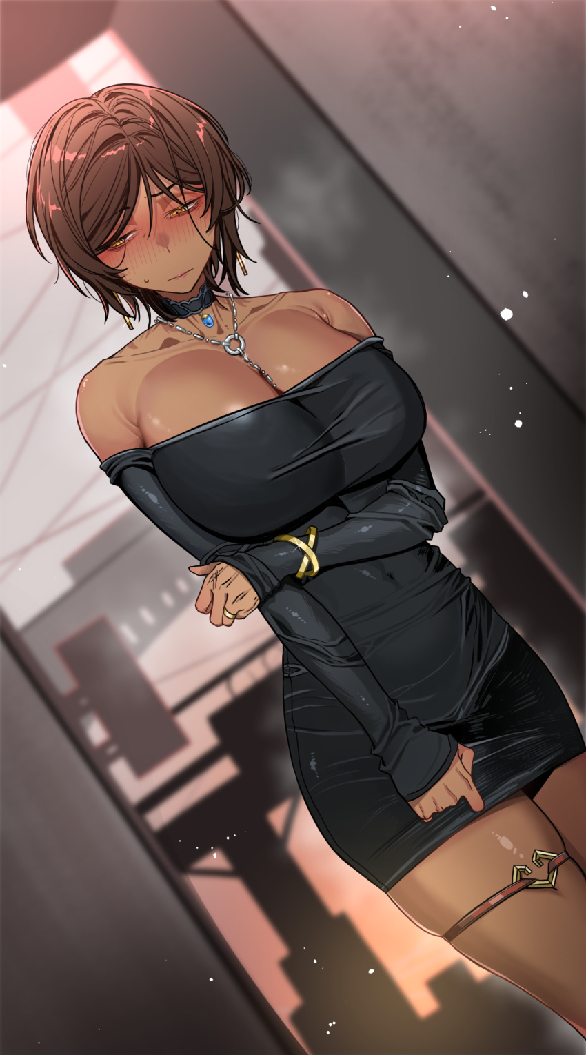 1girl arm_under_breasts averting_eyes bare_shoulders black_dress blush breasts brown_hair cleavage collarbone dark-skinned_female dark_skin dress dutch_angle highres huge_breasts limbus_company long_sleeves off-shoulder_dress off_shoulder outdoors outis_(limbus_company) project_moon rhlatm short_hair solo sweatdrop