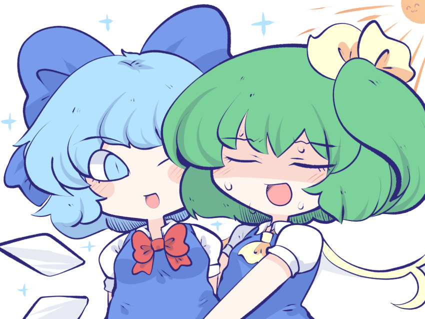 2girls blue_dress blue_eyes blue_hair blush bow chahan_(fried_rice0614) cirno closed_eyes daiyousei dress fairy_wings green_hair hug ice ice_wings multiple_girls red_bow ribbon sun sweat touhou white_background white_sleeves wings yellow_ribbon