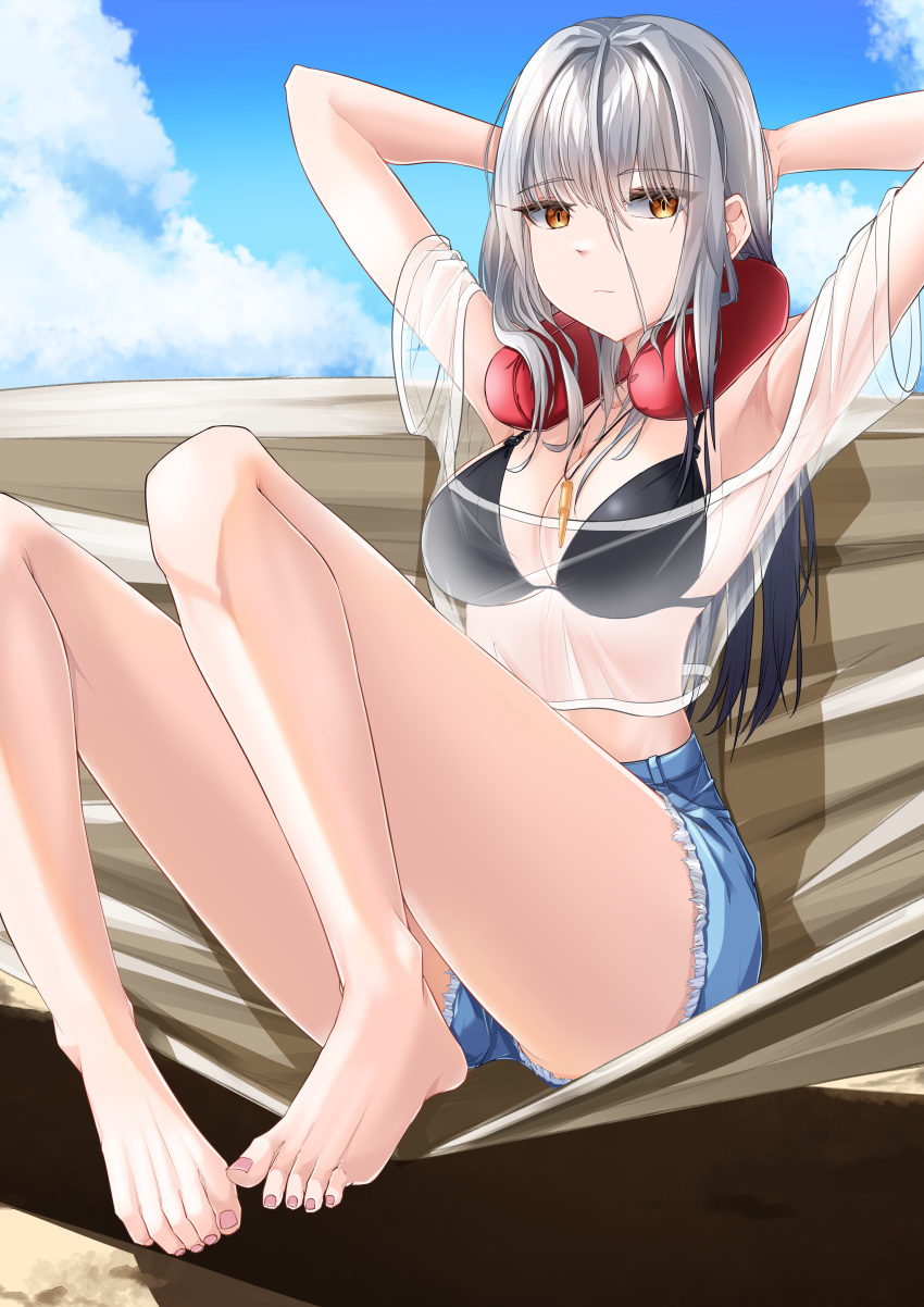 absurdres armpits arms_behind_head barefoot bikini blue_shorts blue_sky breasts closed_mouth cloud day denim denim_shorts feet frima_(nikke) frima_(sea_of_sloth)_(nikke) goddess_of_victory:_nikke hair_between_eyes highres kipdrew legs official_alternate_costume outdoors see-through shorts sitting sky swimsuit thighs toenails toes white_hair