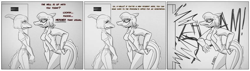 absurd_res anthro breasts clothed clothing comic crossover dialogue dinosaur duo english_text female frill_(anatomy) goodbye_volcano_high hadrosaurid hair hi_res i_wani_hug_that_gator mia_(iwhtg) monochrome naomi_(gvh) ornithischian parasaurolophus reptile scalie seven_(artist) snoot_game tail text
