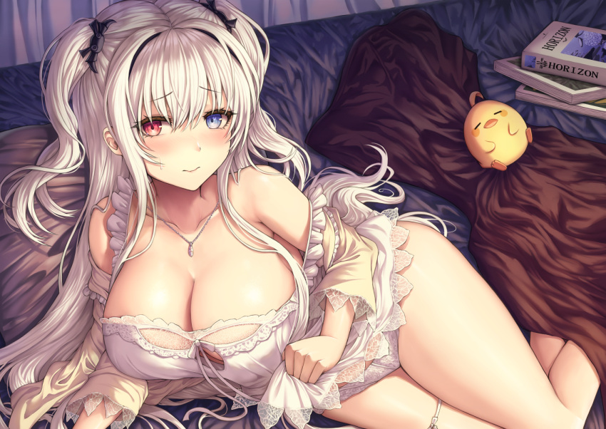 1girl azur_lane bare_shoulders bed_sheet bird blue_eyes blush book breasts buran_(22x) cleavage closed_mouth elbing_(azur_lane) elbing_(sleepless_night's_wishes)_(azur_lane) heterochromia large_breasts long_hair looking_at_viewer lying manjuu_(azur_lane) nightgown on_bed on_side red_eyes sweatdrop thighs two_side_up white_hair