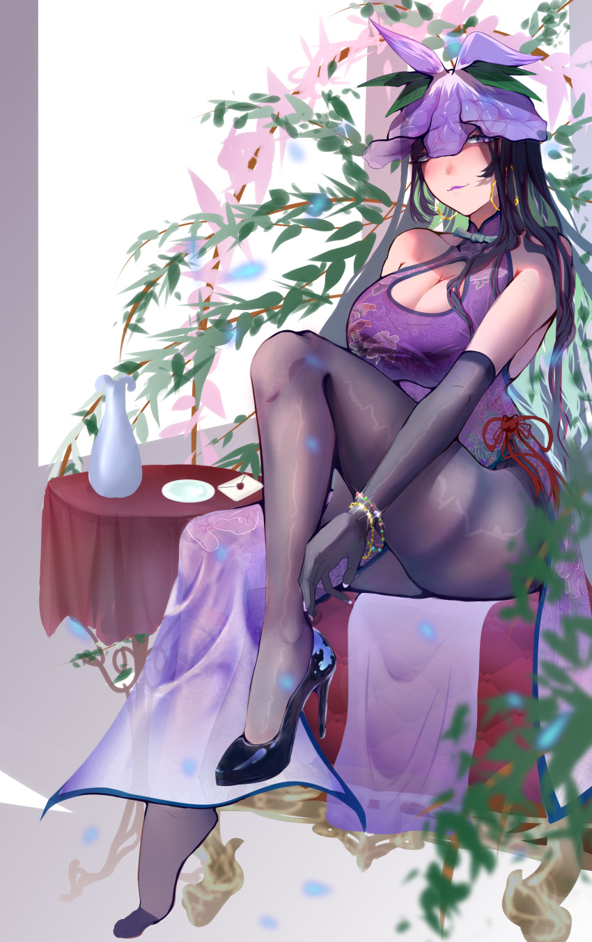 1girl absurdres black_footwear black_hair black_pantyhose bracelet china_dress chinese_clothes cleavage_cutout clothing_cutout dress earrings elbow_gloves flower flower_on_head gloves high_heels highres hoop_earrings jewelry jicama leg_up letter long_hair pantyhose plant purple_dress purple_eyes purple_lips sitting table touhou yomotsu_hisami