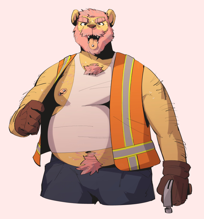 2023 absurd_res anthro bakedpotateos bear beard belly belly_hair big_belly body_hair chest_hair clothed clothing construction_worker facial_hair hair hairy_arms hairy_forearms hammer hi_res holding_hammer holding_object holding_tool looking_at_viewer male mammal manly moobs mustache navel nipple_piercing nipples open_clothing open_mouth open_topwear open_vest overweight piercing pink_hair safety_vest shirt shoulder_hair solo tank_top tongue tongue_out tongue_piercing tools topwear vest white_clothing white_shirt white_tank_top white_topwear work_gloves