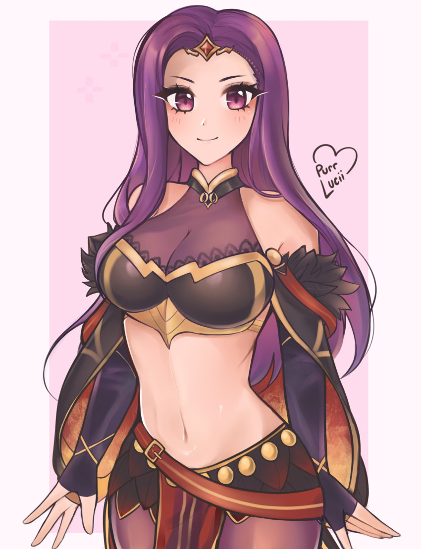 1girl artist_name black_gloves bodystocking breasts circlet elbow_gloves fingerless_gloves fire_emblem fire_emblem_echoes:_shadows_of_valentia fire_emblem_heroes gloves highres long_hair looking_at_viewer medium_breasts midriff navel official_alternate_costume parted_hair pelvic_curtain purple_eyes purple_hair purrlucii smile solo sonya_(fire_emblem) sonya_(resplendent)_(fire_emblem)