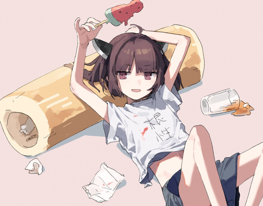 1girl ahoge alternate_costume arm_up black_skirt blade brown_eyes brown_hair casual commentary_request cup drinking_glass feet_out_of_frame food food_wrapper headgear highres hitogome holding holding_food holding_ice_cream ice_cream jitome kiritanpo_(food) knees_up looking_at_viewer lying melting midriff_peek on_back open_mouth oversized_food oversized_object pinky_out popsicle popsicle_stick print_shirt reclining shirt short_twintails skirt smile solo spill stained_clothes touhoku_kiritan twintails v-shaped_eyebrows voiceroid watermelon_bar