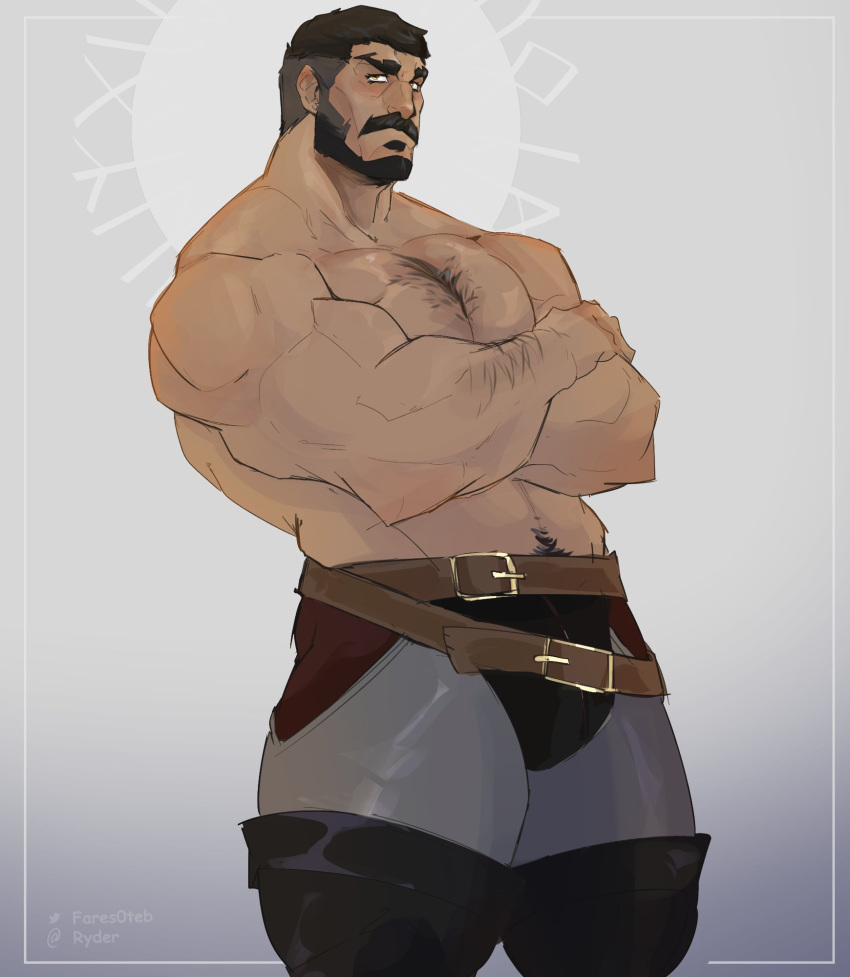 1boy abs arm_hair bara beard belt black_hair boots bulge buzz_cut castlevania castlevania:_nocturne cheekbones crossed_arms facial_hair feet_out_of_frame from_side hairy highres large_pectorals leather male_focus mature_male mizrak_(castlevania) muscular muscular_male navel_hair old old_man pectorals ryder_(fares0teb) short_hair solo sparse_chest_hair standing thick_eyebrows thick_mustache thick_thighs thigh_boots thighs topless_male very_short_hair wrinkled_skin