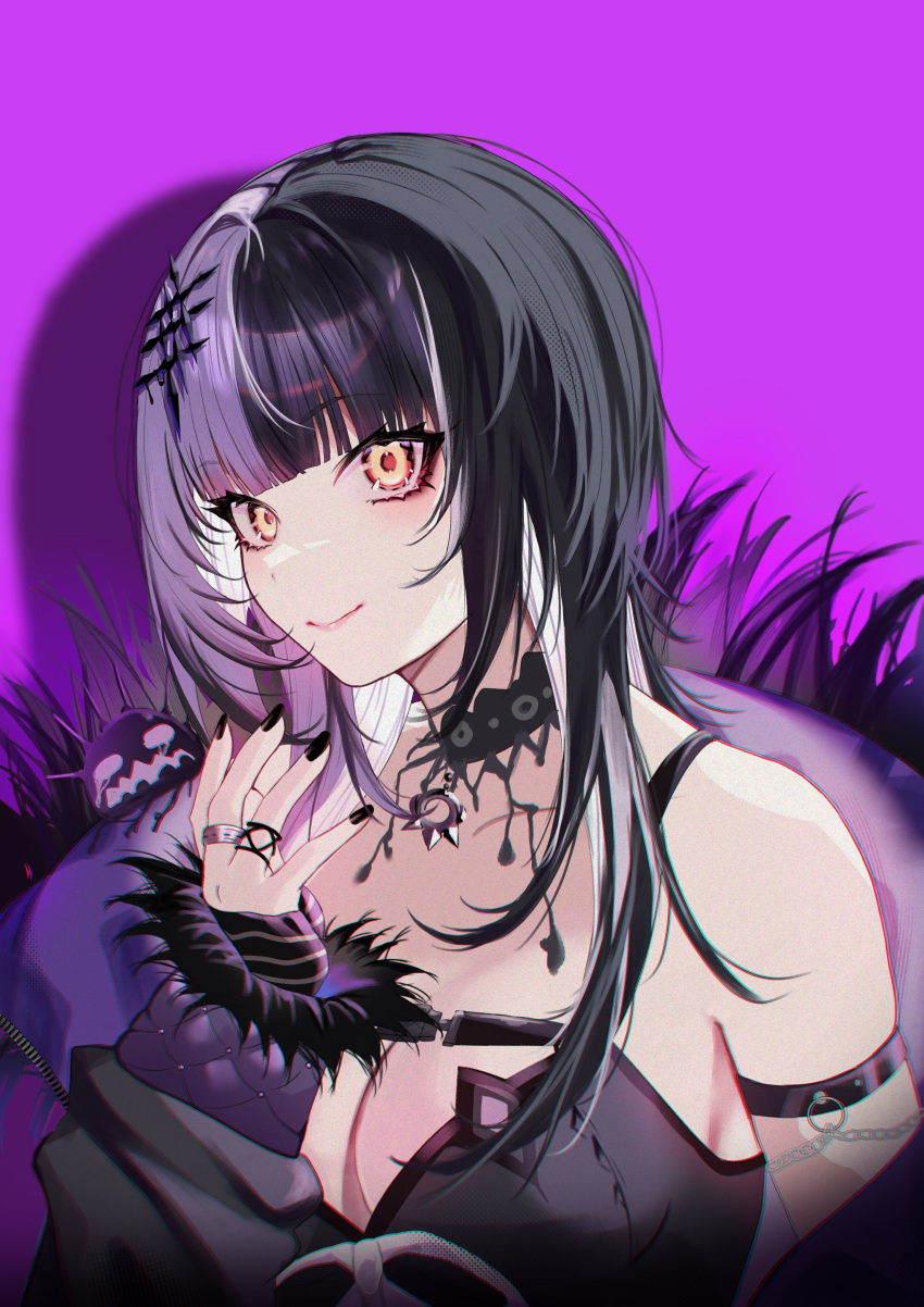 1girl absurdres arm_strap arm_warmers bare_shoulders black_choker black_coat black_dress black_gloves black_hair black_nails breasts choker cleavage closed_mouth coat dress fingerless_gloves fur-trimmed_coat fur_trim gloves hair_ornament higeji_(higeji404) highres hololive hololive_english jacket jewelry lace lace_choker large_breasts long_hair looking_at_viewer multicolored_hair off_shoulder purple_background ring shiori_novella short_dress sleeveless sleeveless_dress smile solo split-color_hair two-tone_hair upper_body virtual_youtuber white_hair yellow_eyes yorick_(shiori_novella)