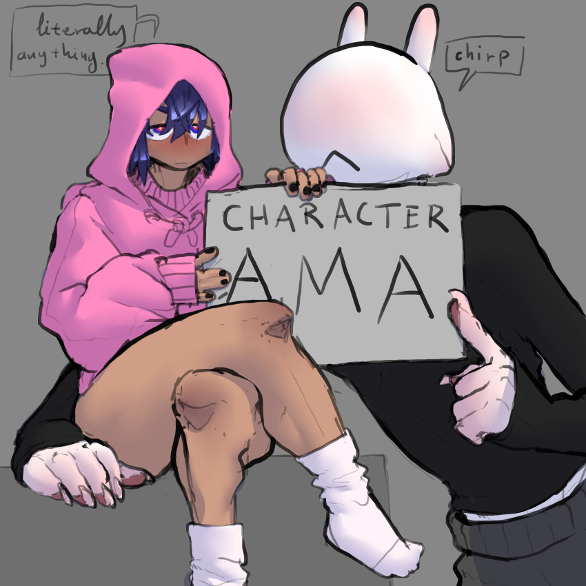 1:1 absurd_res ambiguous_gender antennae_(anatomy) anthro blush brown_body brown_skin clawed_fingers clothed clothing crossed_legs duo fingerpads footwear fully_clothed hi_res hoodie human ishmael's_boyfriend ishmael_(core34) mammal pawpads sitting socks thecore34 topwear white_body white_skin