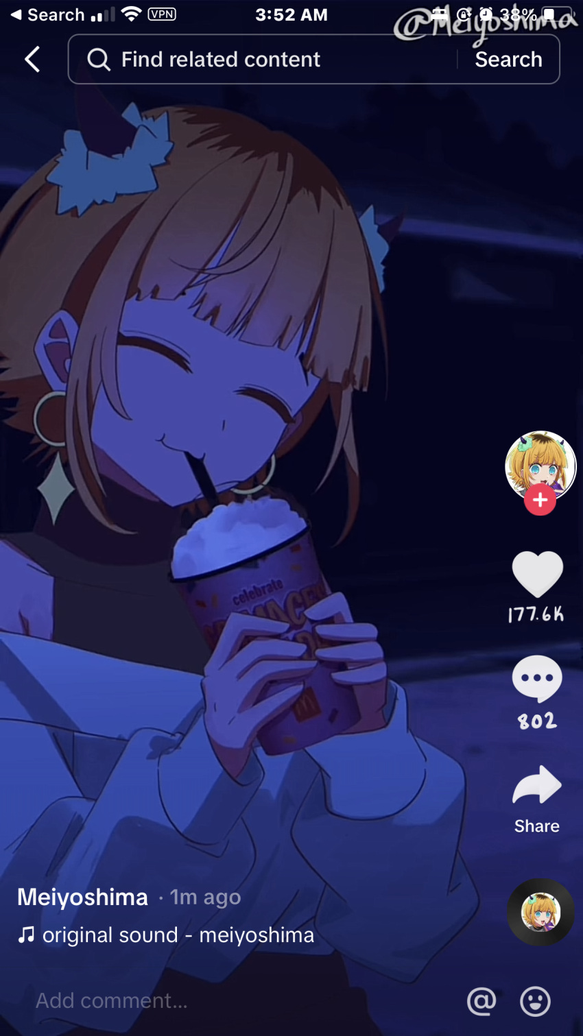 1girl :3 :d bare_shoulders blonde_hair blue_sweater blunt_bangs closed_eyes collarbone commentary cup demon_horns drinking drinking_straw earrings english_commentary english_text fake_horns fake_screenshot fang grimace_shake_(meme) highres holding holding_cup horns jewelry long_sleeves meiyoshima memcho meme night off-shoulder_sweater off_shoulder oshi_no_ko puffy_sleeves short_hair sidelocks smile solo sparkle sweater tiktok twitter_username upper_body